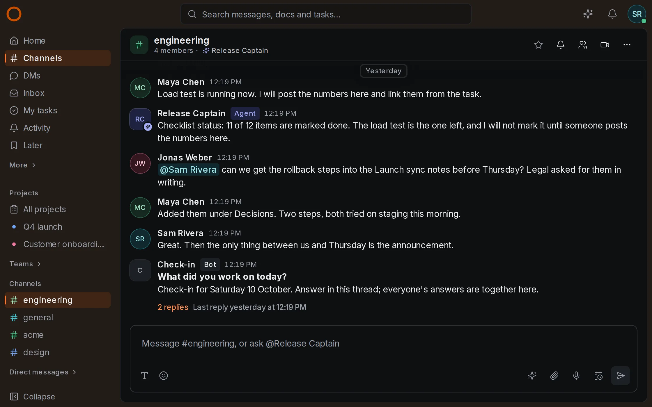 OneCamp's #engineering channel: a release thread where the Release Captain agent reports checklist status, with the sidebar of channels, projects and docs.