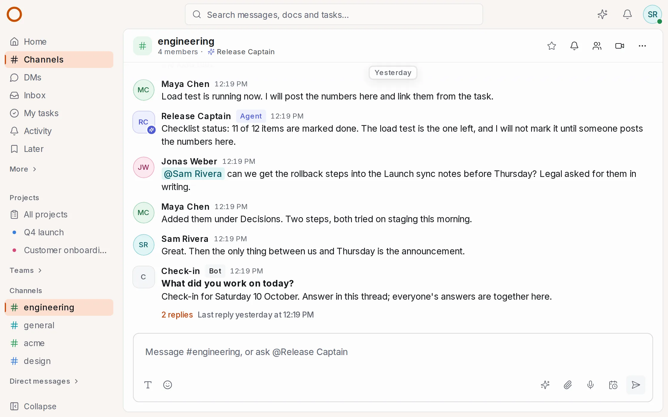 OneCamp's #engineering channel: a release thread where the Release Captain agent reports checklist status, with the sidebar of channels, projects and docs.