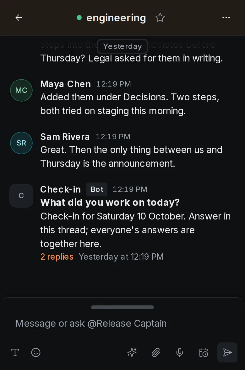 OneCamp on a phone: the #engineering channel, with a reply from the Release Captain agent.