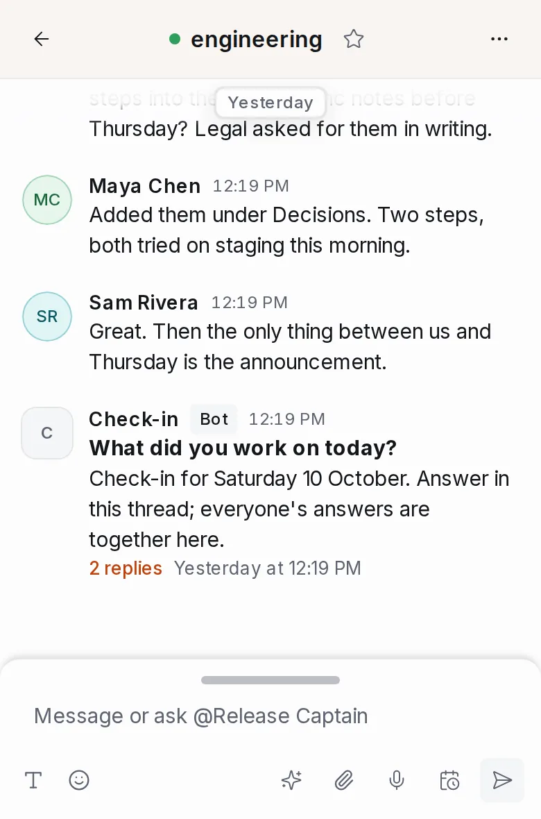 OneCamp on a phone: the #engineering channel, with a reply from the Release Captain agent.