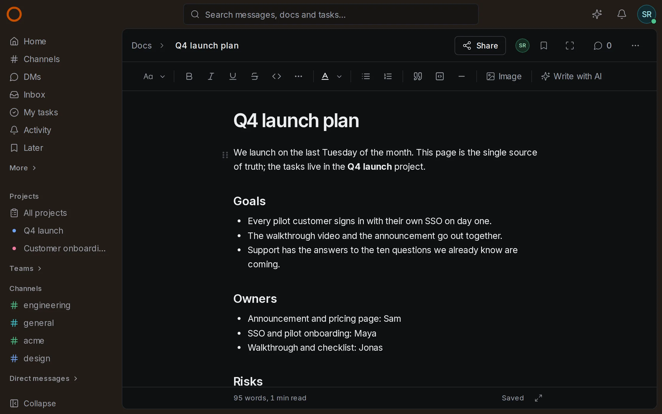 The Q4 launch plan open in OneCamp's editor, with goals, owners and risks.
