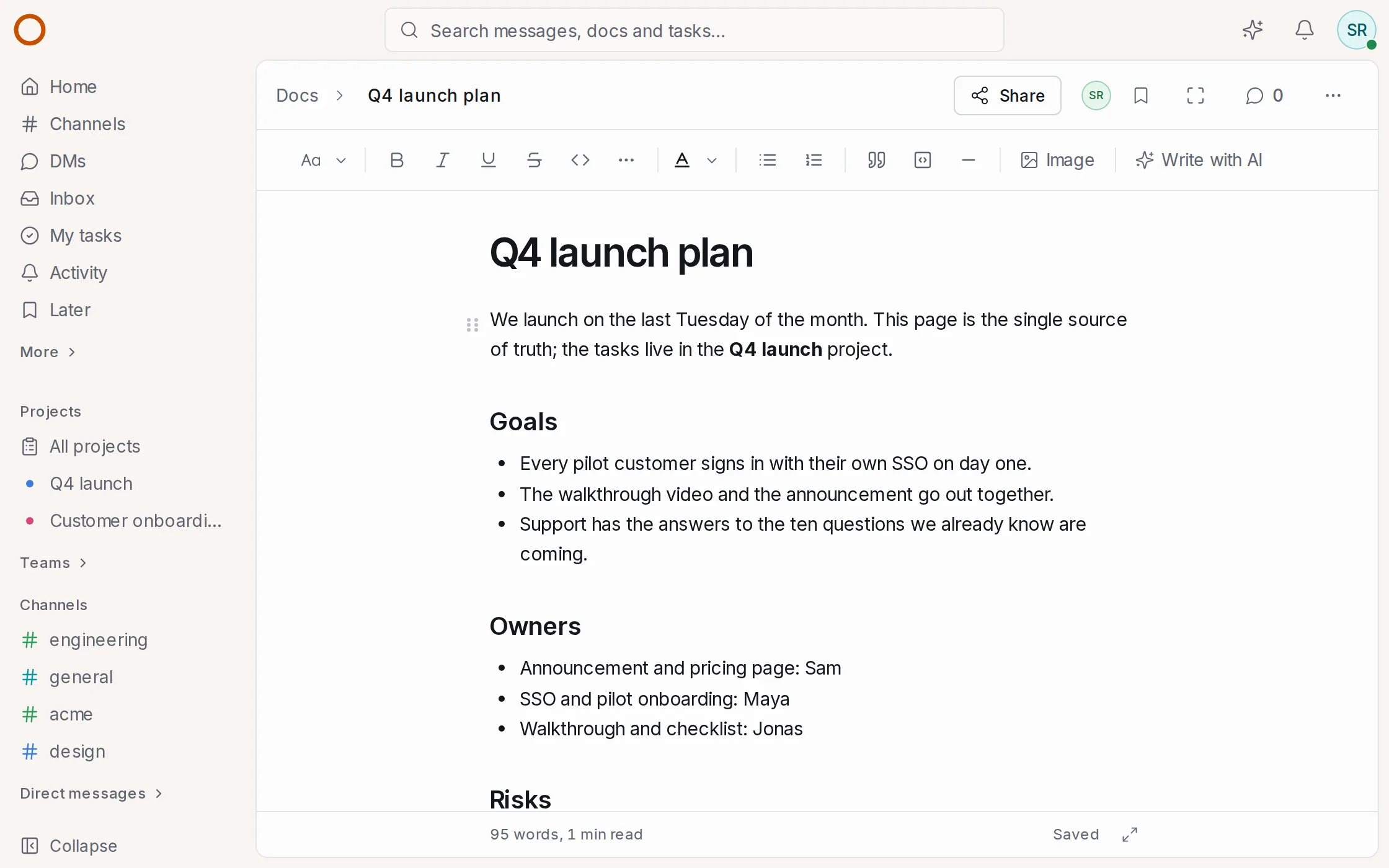 The Q4 launch plan open in OneCamp's editor, with goals, owners and risks.