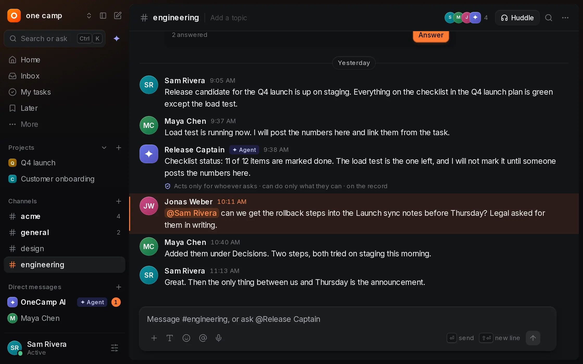 OneCamp's #engineering channel: a release thread where the Release Captain agent reports checklist status, with the sidebar of channels, projects and docs.