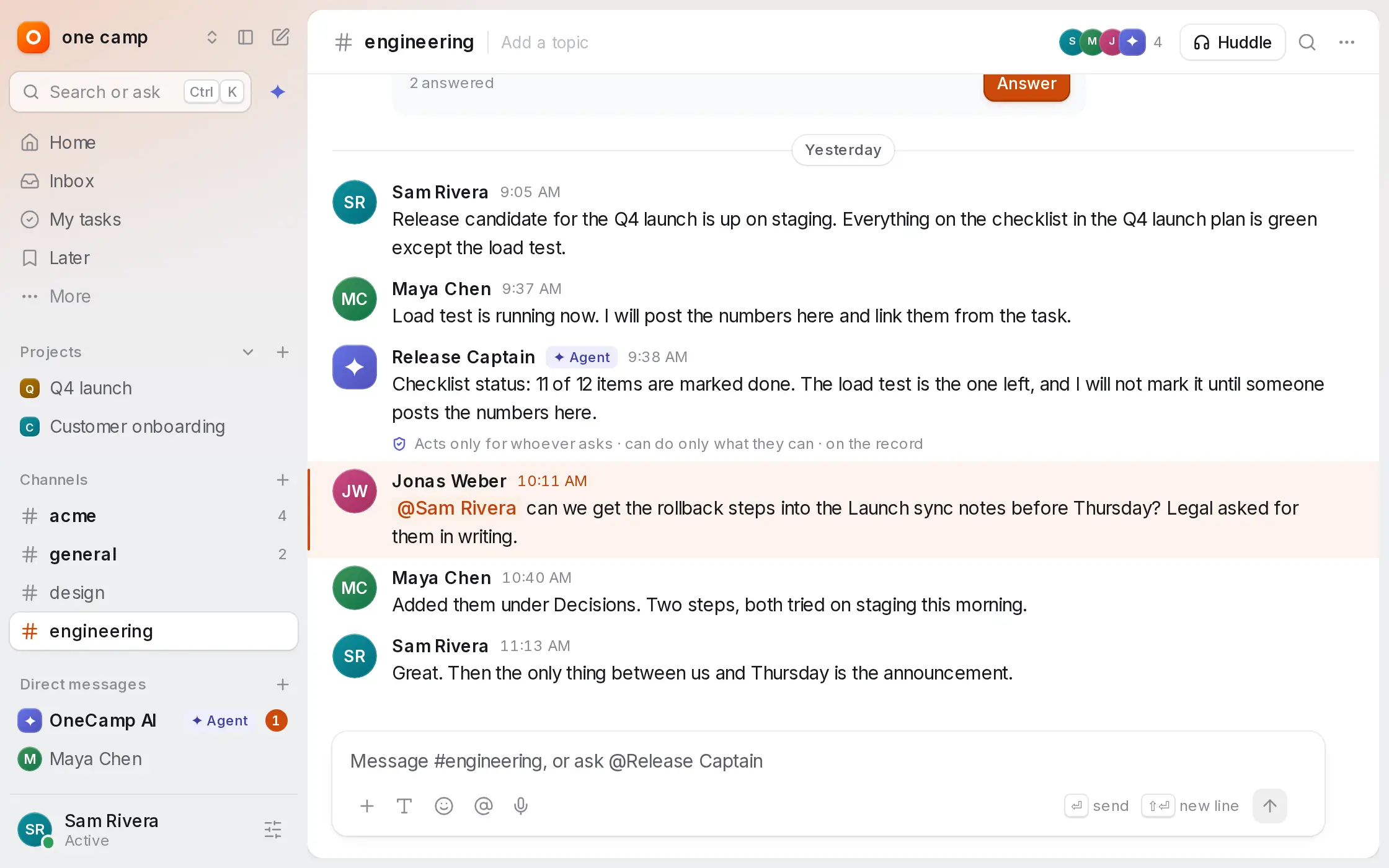 OneCamp's #engineering channel: a release thread where the Release Captain agent reports checklist status, with the sidebar of channels, projects and docs.