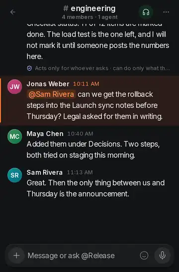 OneCamp on a phone: the #engineering channel, with a reply from the Release Captain agent.