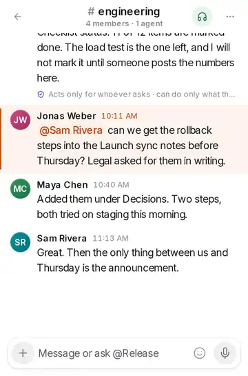 OneCamp on a phone: the #engineering channel, with a reply from the Release Captain agent.