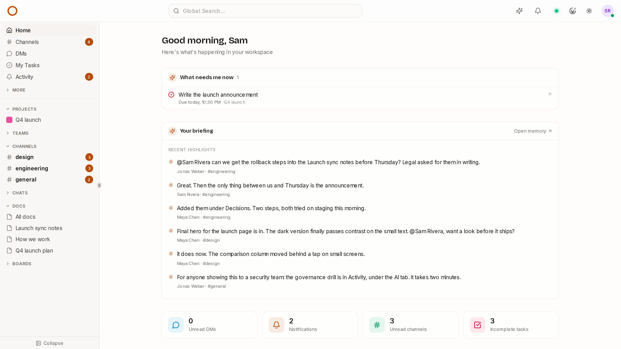 The OneCamp home screen: what needs you now, a briefing of recent highlights, and the Q4 launch project